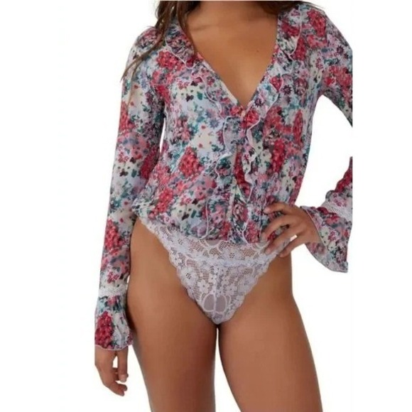 Intimately‎ Free People Floral Ruffle Bodysuit Long Sleeve Size Small - Picture 1 of 15